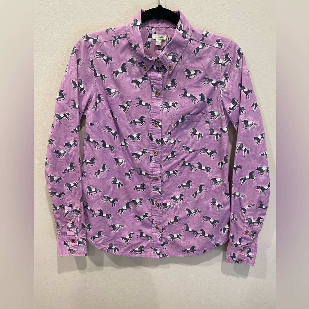 Odille Shirt Anthropologie Size 6 Horse Button Down Purple Cotton Equestrian